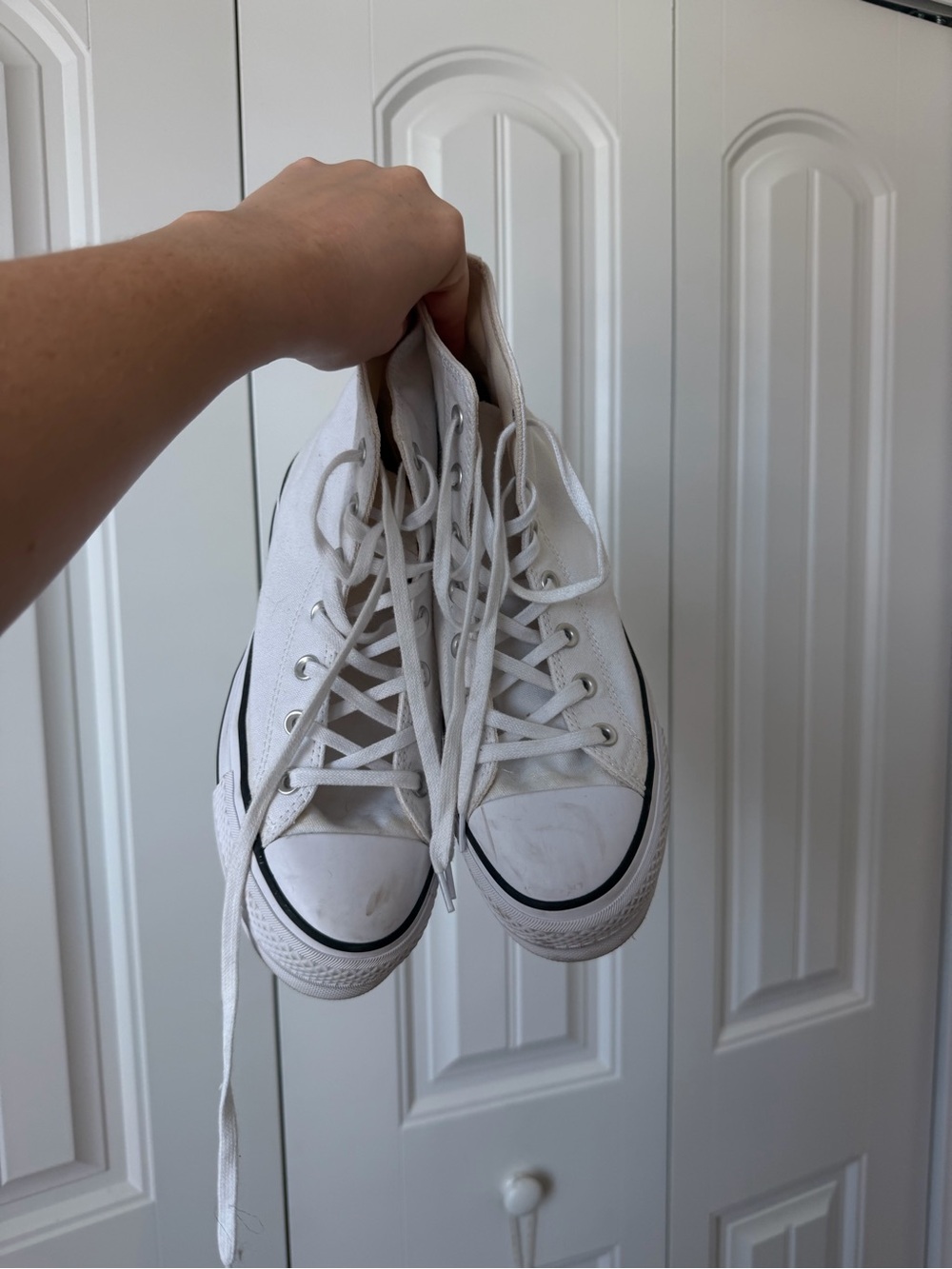 Converse White High Top Sneakers with Black Trim - Picture 2 of 6